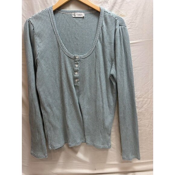 Carve Designs Womens Long Sleeve Striped Henley Emma Top Green White Pullover - Picture 1 of 9
